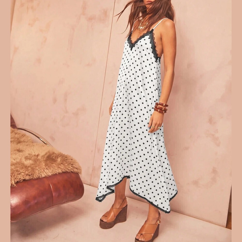 White Polka Dot Satin Lace Trim Spaghetti Strap Handkerchief Hem Maxi Dress